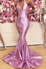Candy Pink Sequins Mermaid Prom Dresses Online V-neck Sleeveless Sexy Long Formal Evening Gowns
