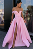Candy Pink Sexy Side Slit Prom Dresses Off The Shoulder Long Formal Evening Gowns