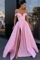 Candy Pink Sexy Side Slit Prom Dresses Off The Shoulder Long Formal Evening Gowns