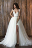 Cap Sleeve Sexy V-neck Crystals Detachable Tulle Overskirt Wedding Dresses