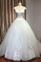 Cap Sleeves V-neck Tulle Lace Appliques Wedding Dress Aline