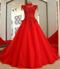 Classical Red A Line High Neck Lace-up Floor-Length Appliques Evening Dress