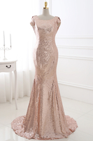 COURTNEY Fit and Flare Sweep train Sequined Rosy Golden Prom Dress