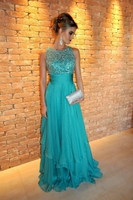 Crew Neck Lace Sequins Chiffon Prom Dresses Sweep Train Evening Gowns