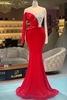 Crew Neck Long Sleeves Red Satin Long Mermaid Prom Dress with Glitter Crystals