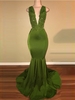 Criss-Cross Sexy Straps Beaded Mermaid Appliques Sleeveless Green Lace Elegant V-Neck Long Prom Dresses BA7993