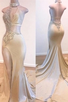 Crystal Halter Side Slit Long Prom Dresses Custom Made A-line Open Back Sleeveless Evening Dresses