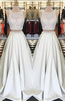 Crystals Gorgeous Custom Made Evening Gowns A-line Two Piece Sleeveless Jewel Prom Dresses