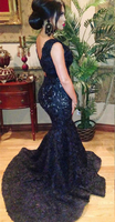 Custom Made Prom Dresses Fashion V-neck Black Beaded Lace Mermaid Sweep Train Backless Evening Gowns BO3589