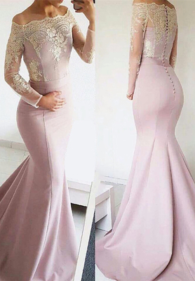 Cute Lace Long Sleeve Off
Shoulder Mermaid Sweep Train
Prom Dress BA8277
