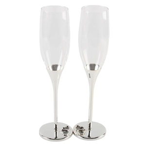 Engraved Silver Stem Flutes with Crystal Hearts
