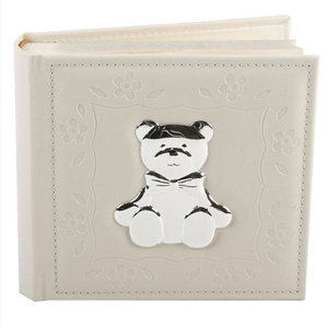 Faux Cream Leather Album with Silverplated Teddy Bear