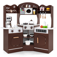 Kids Corner Wooden Play Kitchen with Coffee Machine Slide Microwave-Brown