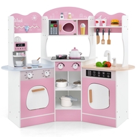 Kids Corner Wooden Play Kitchen with Coffee Machine Slide Microwave-Pink