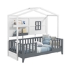 Kids Montessori Wood House Bed Bed with 2 Shelves and Guardrails-Gray & White-Single Size