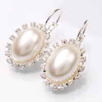 Large Oval Shaped Pearl Rhinestone Dangle Earrings