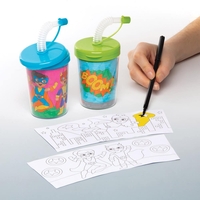 Star Hero Colour-in Bendy Straw Cups (Pack of 3) Party Tableware 3 assorted colour lids - Red,  Green & Blue
